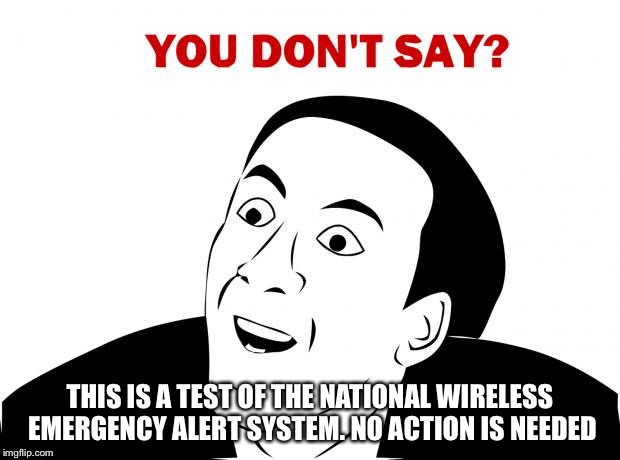 This was pointless... | THIS IS A TEST OF THE NATIONAL WIRELESS EMERGENCY ALERT SYSTEM. NO ACTION IS NEEDED | image tagged in memes,you don't say | made w/ Imgflip meme maker