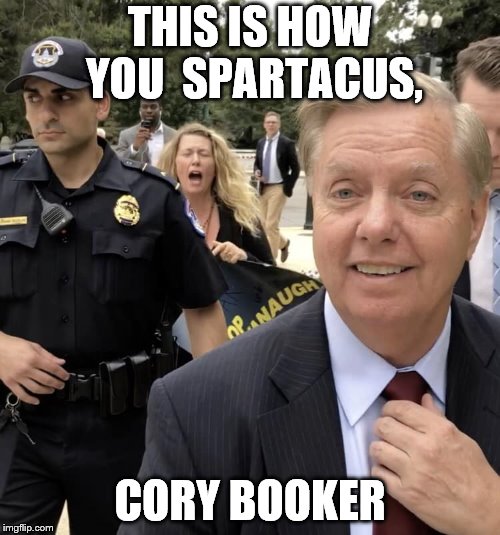  THIS IS HOW YOU  SPARTACUS, CORY BOOKER | image tagged in lindsey graham,cory booker,i am spartacus,spartacus,cavanaugh | made w/ Imgflip meme maker