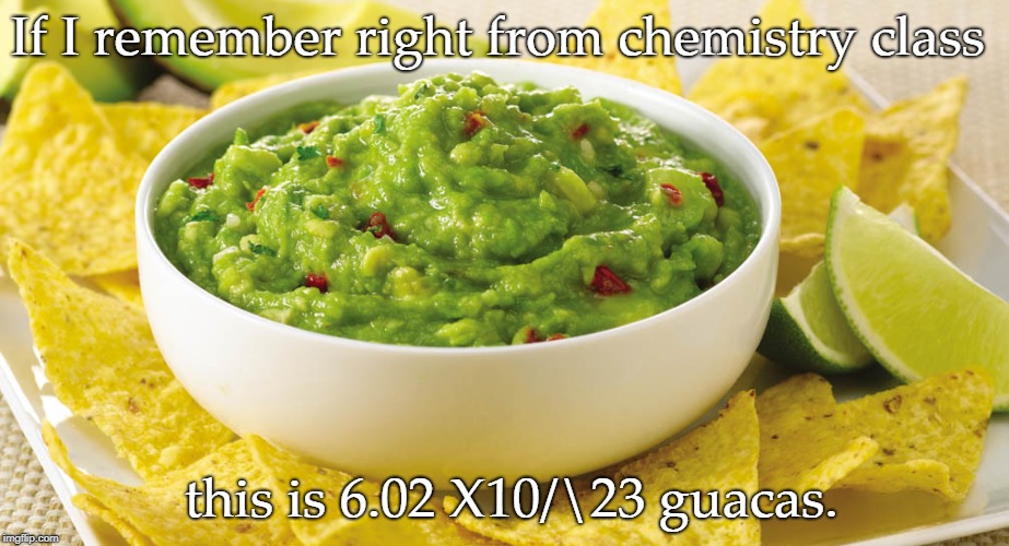 Guacamole | If I remember right from chemistry class; this is 6.02 X10/\23 guacas. | image tagged in guacamole | made w/ Imgflip meme maker