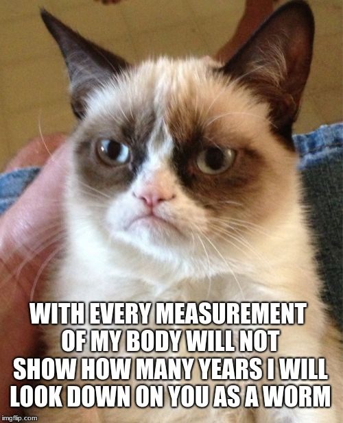 Grumpy Cat | WITH EVERY MEASUREMENT OF MY BODY WILL NOT SHOW HOW MANY YEARS I WILL LOOK DOWN ON YOU AS A WORM | image tagged in memes,grumpy cat | made w/ Imgflip meme maker