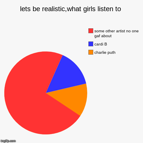 lets be realistic,what girls listen to | charlie puth, cardi B, some other artist no one gaf about | image tagged in funny,pie charts | made w/ Imgflip chart maker