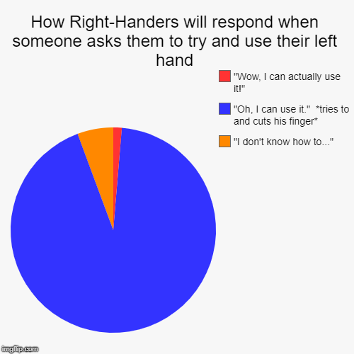 How Right-Handers will respond when someone asks them to try and use their left hand | "I don't know how to...", "Oh, I can use it."  *tries | image tagged in funny,pie charts | made w/ Imgflip chart maker