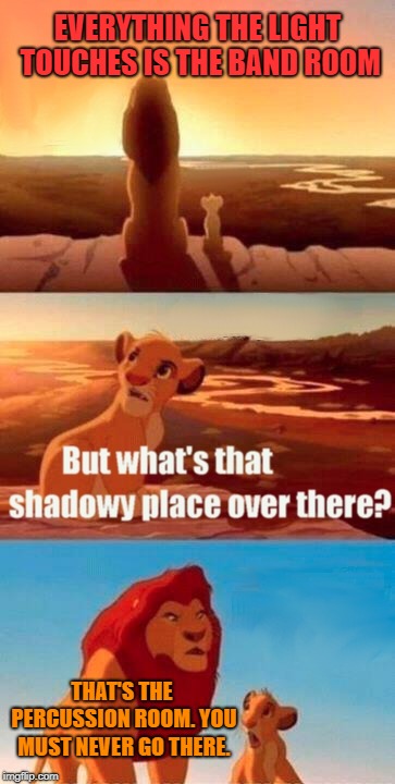 Band Geeks Unite! | EVERYTHING THE LIGHT TOUCHES IS THE BAND ROOM; THAT'S THE PERCUSSION ROOM. YOU MUST NEVER GO THERE. | image tagged in memes,simba shadowy place,band | made w/ Imgflip meme maker