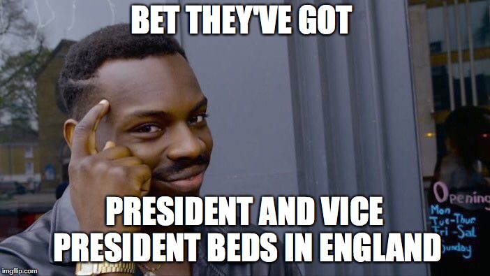 Roll Safe Think About It Meme | BET THEY'VE GOT PRESIDENT AND VICE PRESIDENT BEDS IN ENGLAND | image tagged in memes,roll safe think about it | made w/ Imgflip meme maker