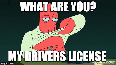 Zoidberg  | WHAT ARE YOU? MY DRIVERS LICENSE | image tagged in zoidberg | made w/ Imgflip meme maker