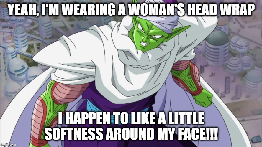PICCOLO STANDS HIS GROUND | YEAH, I'M WEARING A WOMAN'S HEAD WRAP; I HAPPEN TO LIKE A LITTLE SOFTNESS AROUND MY FACE!!! | image tagged in junior dragonball,piccolo,beauty,rebel | made w/ Imgflip meme maker