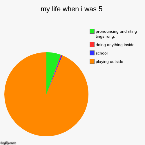 my life when i was 5 | playing outside, school, doing anything inside, pronouncing and riting tings rong. | image tagged in funny,pie charts | made w/ Imgflip chart maker