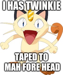 twinkie meowth | I HAS TWINKIE; TAPED TO MAH FORE HEAD | image tagged in pokemon | made w/ Imgflip meme maker