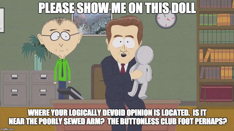Southpark Doll | PLEASE SHOW ME ON THIS DOLL; WHERE YOUR LOGICALLY DEVOID OPINION IS LOCATED.  IS IT NEAR THE POORLY SEWED ARM?  THE BUTTONLESS CLUB FOOT PERHAPS? | image tagged in southpark doll | made w/ Imgflip meme maker