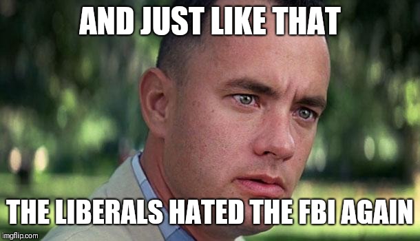 Forest Gump | AND JUST LIKE THAT; THE LIBERALS HATED THE FBI AGAIN | image tagged in forest gump | made w/ Imgflip meme maker