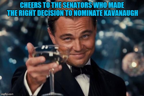 Leonardo Dicaprio Cheers | CHEERS TO THE SENATORS WHO MADE THE RIGHT DECISION TO NOMINATE KAVANAUGH | image tagged in memes,leonardo dicaprio cheers | made w/ Imgflip meme maker