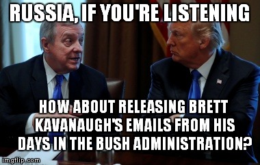 Read Manny His "MIranda" Rights.. | RUSSIA, IF YOU'RE LISTENING; HOW ABOUT RELEASING BRETT KAVANAUGH'S EMAILS FROM HIS DAYS IN THE BUSH ADMINISTRATION? | image tagged in dick durbin,donald trump,brett kavanaugh | made w/ Imgflip meme maker