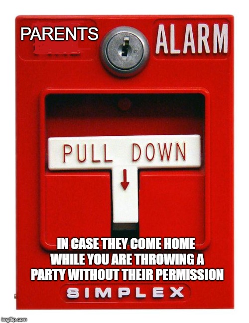 Don't you wish you had one of these as a teenager? | PARENTS; IN CASE THEY COME HOME WHILE YOU ARE THROWING A PARTY WITHOUT THEIR PERMISSION | image tagged in fire alarm,teenager,funny | made w/ Imgflip meme maker