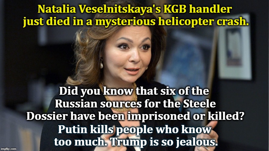 If Russian sources for the Steele Dossier were murdered on Putin's orders, it makes sense that the dossier must be true. | Natalia Veselnitskaya's KGB handler just died in a mysterious helicopter crash. Did you know that six of the Russian sources for the Steele Dossier have been imprisoned or killed? Putin kills people who know too much. Trump is so jealous. | image tagged in veselnitskaya,kgb,steele dossier,putin,trump | made w/ Imgflip meme maker