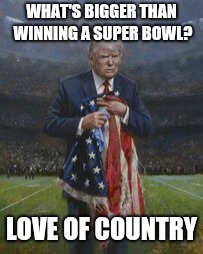 What's Bigger than Winning A Super Bowl?
#LoveOfCountry #AmericaFirst #WINNING #MAGA - #Q | WHAT'S BIGGER THAN WINNING A SUPER BOWL? LOVE OF COUNTRY | image tagged in love of country,patriots,winning,donald trump approves,qanon,american flag | made w/ Imgflip meme maker