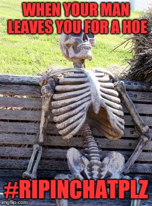 Waiting Skeleton Meme | WHEN YOUR MAN LEAVES YOU FOR A HOE; #RIPINCHATPLZ | image tagged in memes,waiting skeleton | made w/ Imgflip meme maker