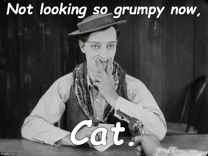 Buster, forced humor | Not looking so grumpy now, Cat. | image tagged in buster forced humor | made w/ Imgflip meme maker