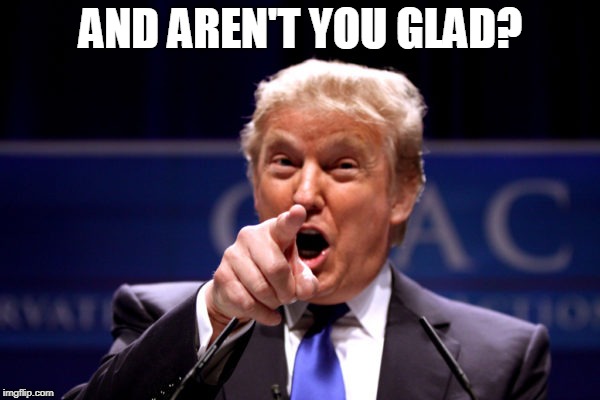 Your President BWHA-HA-HA! | AND AREN'T YOU GLAD? | image tagged in your president bwha-ha-ha | made w/ Imgflip meme maker