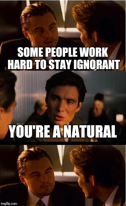 Shouldn't he be in a state of bliss? | SOME PEOPLE WORK HARD TO STAY IGNORANT; YOU'RE A NATURAL | image tagged in memes,inception,ignorance,bliss,natural,hard work | made w/ Imgflip meme maker