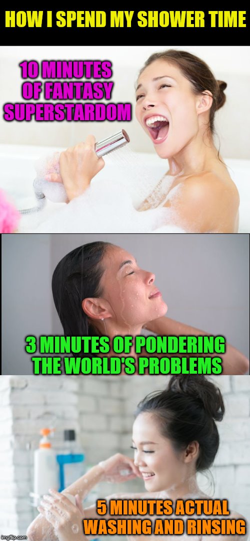 Rinse and repeat the routine daily. | HOW I SPEND MY SHOWER TIME; 10 MINUTES OF FANTASY SUPERSTARDOM; 3 MINUTES OF PONDERING THE WORLD'S PROBLEMS; 5 MINUTES ACTUAL WASHING AND RINSING | image tagged in memes,shower time | made w/ Imgflip meme maker
