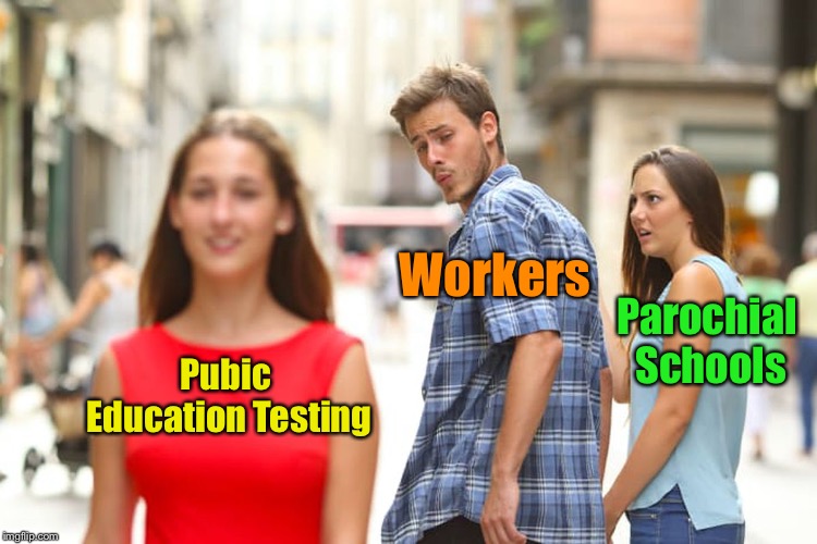 Distracted Boyfriend Meme | Pubic Education Testing Workers Parochial Schools | image tagged in memes,distracted boyfriend | made w/ Imgflip meme maker