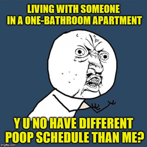 Can I at least go first? | LIVING WITH SOMEONE IN A ONE-BATHROOM APARTMENT; Y U NO HAVE DIFFERENT POOP SCHEDULE THAN ME? | image tagged in memes,y u no,poop schedule,one bathroom,apartment | made w/ Imgflip meme maker