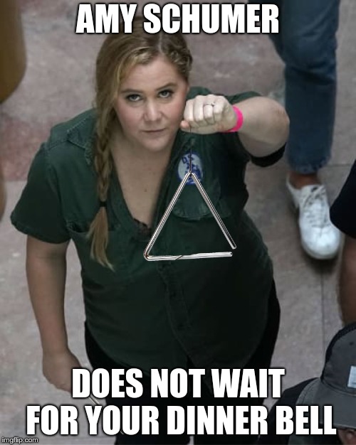 AMY SCHUMER; DOES NOT WAIT FOR YOUR DINNER BELL | image tagged in amy schumer | made w/ Imgflip meme maker