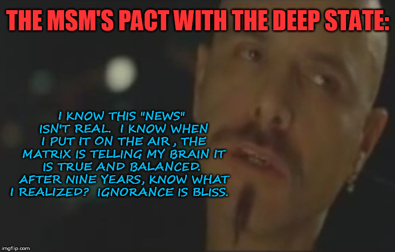 Matrix cypher ignorance is bliss | I KNOW THIS "NEWS" ISN'T REAL.  I KNOW WHEN I PUT IT ON THE AIR, THE MATRIX IS TELLING MY BRAIN IT IS TRUE AND BALANCED.  AFTER NINE YEARS, KNOW WHAT I REALIZED?  IGNORANCE IS BLISS. THE MSM'S PACT WITH THE DEEP STATE: | image tagged in matrix cypher ignorance is bliss | made w/ Imgflip meme maker