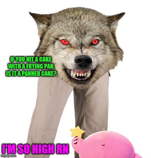 Wolfpants the Great | IF YOU HIT A CAKE WITH A FRYING PAN, IS IT A PANNED CAKE? I'M SO HIGH RN | image tagged in wolfpants the great | made w/ Imgflip meme maker