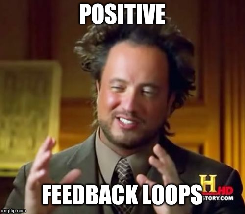 Ancient Aliens Meme | POSITIVE; FEEDBACK LOOPS | image tagged in memes,ancient aliens | made w/ Imgflip meme maker