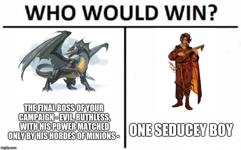 Who Would Win? | THE FINAL BOSS OF YOUR CAMPAIGN - EVIL, RUTHLESS, WITH HIS POWER MATCHED ONLY BY HIS HORDES OF MINIONS -; ONE SEDUCEY BOY | image tagged in memes,who would win | made w/ Imgflip meme maker
