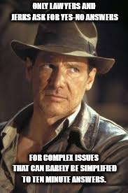 Indiana Jones | ONLY LAWYERS AND JERKS ASK FOR YES-NO ANSWERS; FOR COMPLEX ISSUES THAT CAN BARELY BE SIMPLIFIED TO TEN MINUTE ANSWERS. | image tagged in indiana jones | made w/ Imgflip meme maker