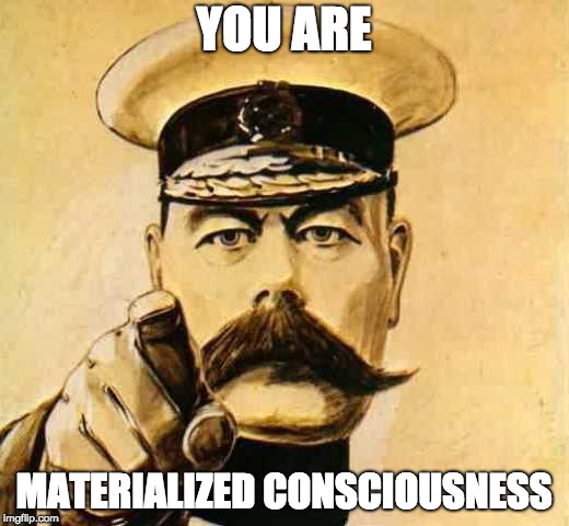 Your Country Needs YOU | YOU ARE; MATERIALIZED CONSCIOUSNESS | image tagged in your country needs you | made w/ Imgflip meme maker