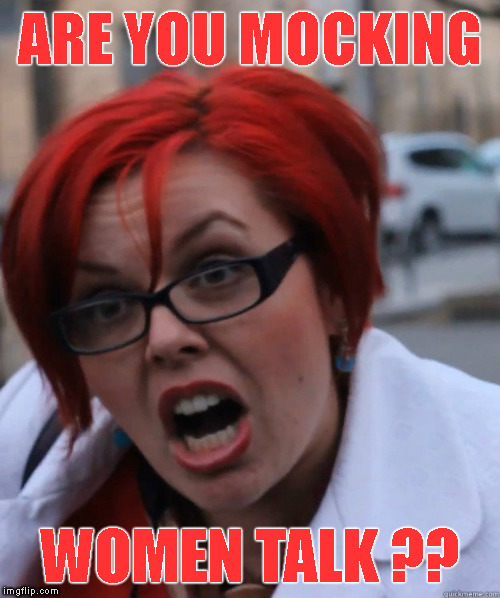 Feminist Face | ARE YOU MOCKING WOMEN TALK ?? | image tagged in feminist face | made w/ Imgflip meme maker