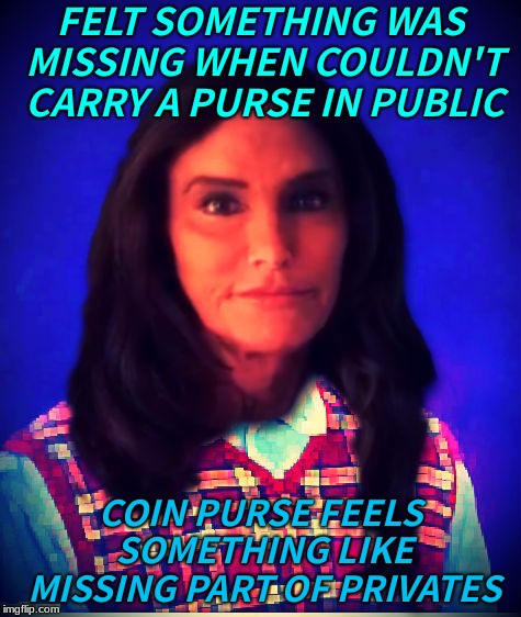 when the public knows too much about your privates... | FELT SOMETHING WAS MISSING WHEN COULDN'T CARRY A PURSE IN PUBLIC; COIN PURSE FEELS SOMETHING LIKE MISSING PART OF PRIVATES | image tagged in brucaitlyn jenner,bad luck brian | made w/ Imgflip meme maker