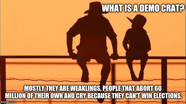 Cowboy father and son | WHAT IS A DEMO CRAT? MOSTLY THEY ARE WEAKLINGS, PEOPLE THAT ABORT 60 MILLION OF THEIR OWN AND CRY BECAUSE THEY CAN'T WIN ELECTIONS. | image tagged in cowboy father and son | made w/ Imgflip meme maker