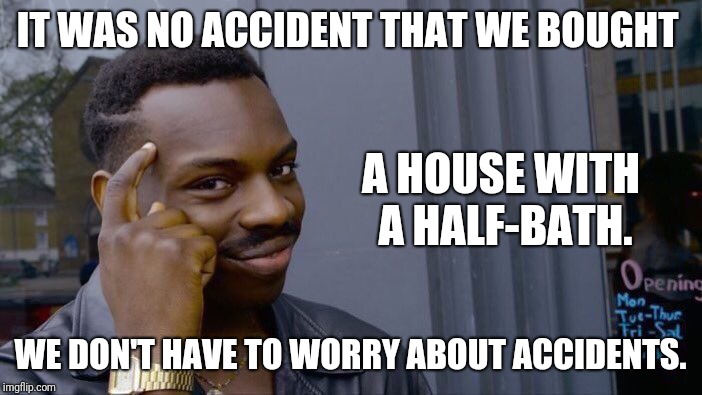 Roll Safe Think About It Meme | IT WAS NO ACCIDENT THAT WE BOUGHT WE DON'T HAVE TO WORRY ABOUT ACCIDENTS. A HOUSE WITH A HALF-BATH. | image tagged in memes,roll safe think about it | made w/ Imgflip meme maker