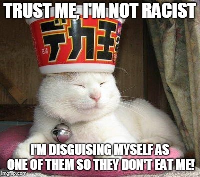 TRUST ME, I'M NOT RACIST I'M DISGUISING MYSELF AS ONE OF THEM SO THEY DON'T EAT ME! | made w/ Imgflip meme maker
