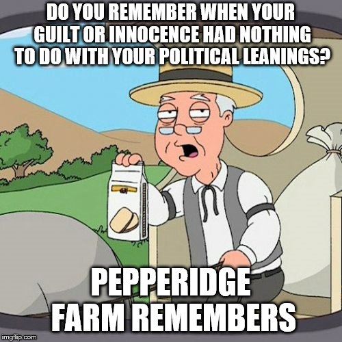 Pepperidge Farm Remembers Meme | DO YOU REMEMBER WHEN YOUR GUILT OR INNOCENCE HAD NOTHING TO DO WITH YOUR POLITICAL LEANINGS? PEPPERIDGE FARM REMEMBERS | image tagged in memes,pepperidge farm remembers | made w/ Imgflip meme maker
