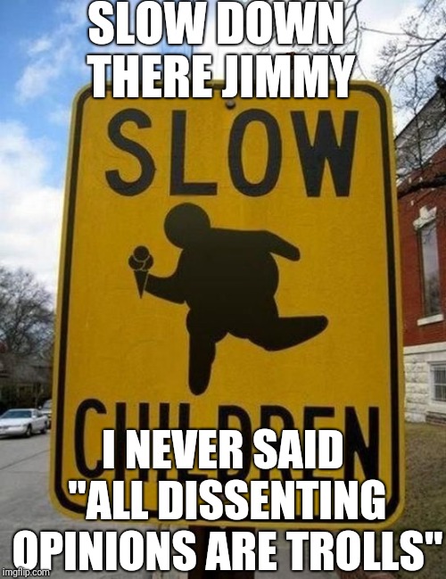 slow children | SLOW DOWN THERE JIMMY I NEVER SAID "ALL DISSENTING OPINIONS ARE TROLLS" | image tagged in slow children,scumbag | made w/ Imgflip meme maker