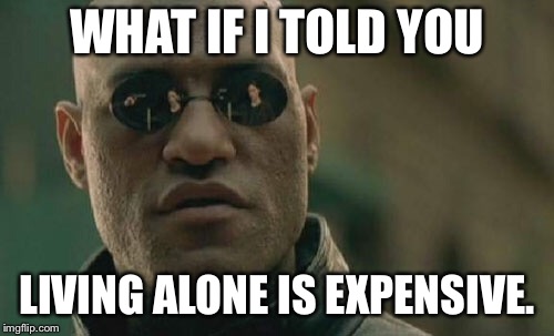Matrix Morpheus Meme | WHAT IF I TOLD YOU; LIVING ALONE IS EXPENSIVE. | image tagged in memes,matrix morpheus,AdviceAnimals | made w/ Imgflip meme maker