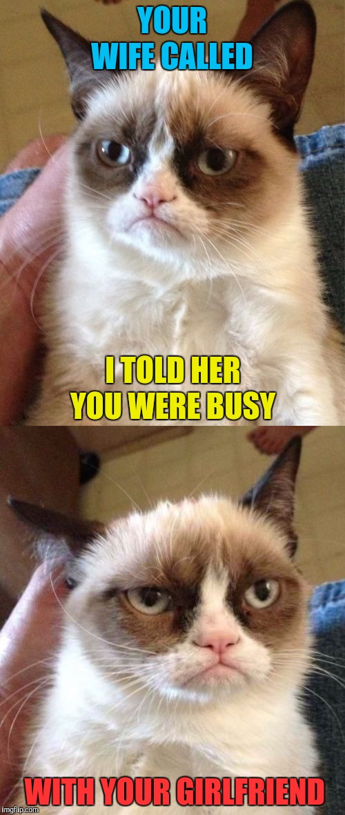 Now you're in trouble  |  YOUR WIFE CALLED; I TOLD HER YOU WERE BUSY; WITH YOUR GIRLFRIEND | image tagged in memes,grumpy cat,grumpy cat weekend,im in danger,angry wife,cats | made w/ Imgflip meme maker