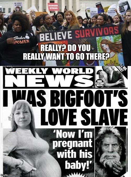 I Believe Survivors | REALLY? DO YOU REALLY WANT TO GO THERE? | image tagged in sjw,feminism,social justice warriors,brett kavanaugh | made w/ Imgflip meme maker