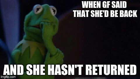 WHEN GF SAID THAT SHE'D BE BACK; AND SHE HASN'T RETURNED | image tagged in kermit the frog | made w/ Imgflip meme maker