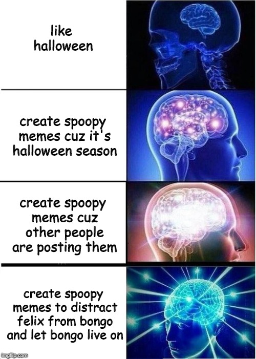 levels of intelligence | like halloween; create spoopy memes cuz it's halloween season; create spoopy memes cuz other people are posting them; create spoopy memes to distract felix from bongo and let bongo live on | image tagged in levels of intelligence | made w/ Imgflip meme maker