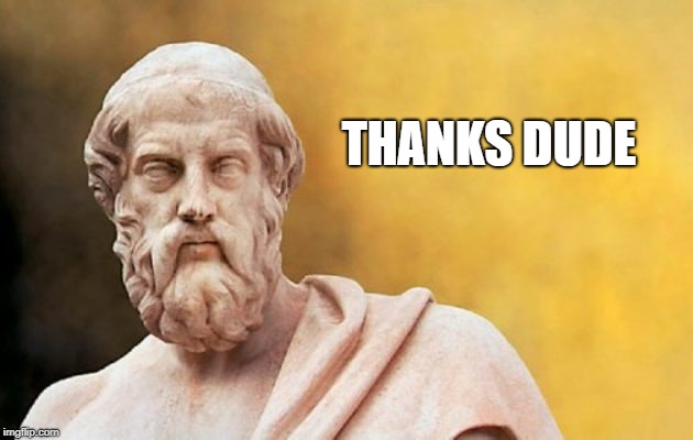 PLATO | THANKS DUDE | image tagged in plato | made w/ Imgflip meme maker