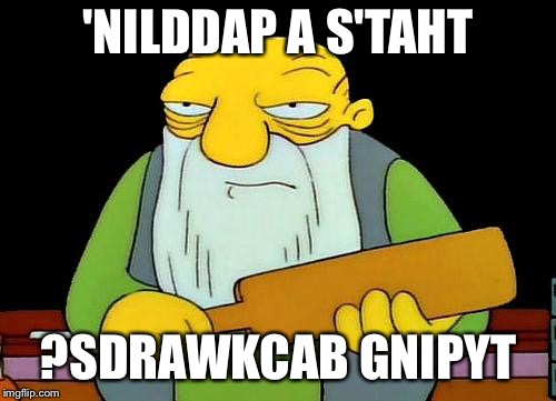 'nilddap a s'tahT | 'NILDDAP A S'TAHT; ?SDRAWKCAB GNIPYT | image tagged in memes,that's a paddlin' | made w/ Imgflip meme maker