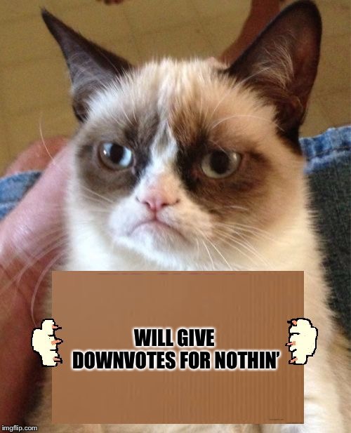 Grumpy Cat Cardboard Sign | WILL GIVE DOWNVOTES FOR NOTHIN’ | image tagged in grumpy cat cardboard sign | made w/ Imgflip meme maker