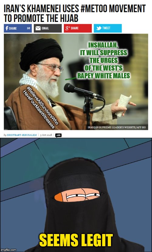 Fry-atollah Khamenei | INSHALLAH, IT WILL SUPPRESS THE URGES OF THE WEST'S RAPEY WHITE MALES; #BelieveAllSurvivorsWho HaveFourMaleWitnesses; SEEMS LEGIT | image tagged in futurama fry,iran,phunny,metoo,memes,political memes | made w/ Imgflip meme maker