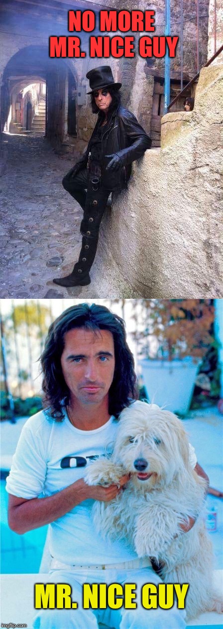 The two sides of Alice Cooper | NO MORE MR. NICE GUY; MR. NICE GUY | image tagged in alice cooper,nice guy,in real life,memes,rock music | made w/ Imgflip meme maker